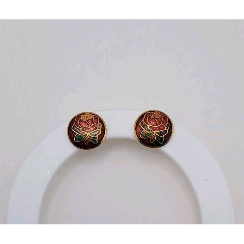 1970s Vintage Genuine Red Rose Cloisonné Stud Earrings